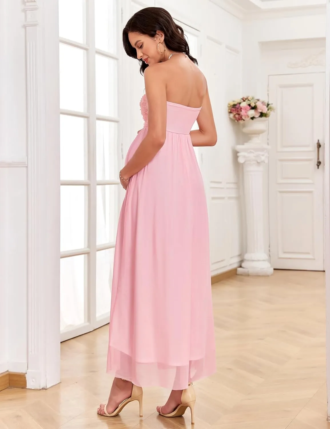 3D Floral Mesh Split Strapless Maternity Dress Tube A-Line Pregnancy Dresses Baby Shower Photoshoot