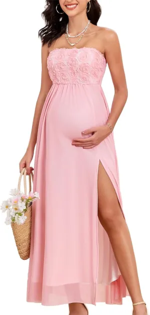3D Floral Mesh Split Strapless Maternity Dress Tube A-Line Pregnancy Dresses Baby Shower Photoshoot