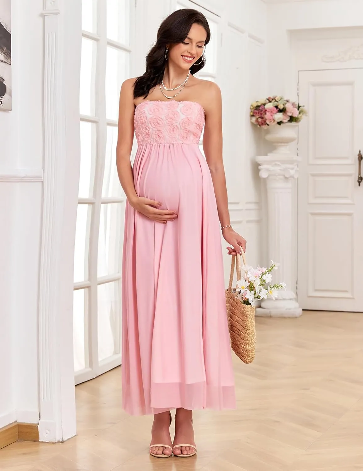 3D Floral Mesh Split Strapless Maternity Dress Tube A-Line Pregnancy Dresses Baby Shower Photoshoot