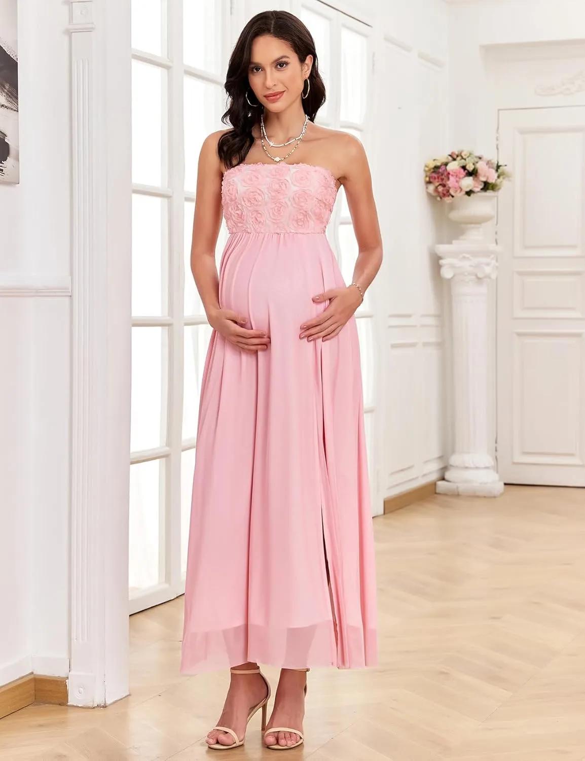 3D Floral Mesh Split Strapless Maternity Dress Tube A-Line Pregnancy Dresses Baby Shower Photoshoot