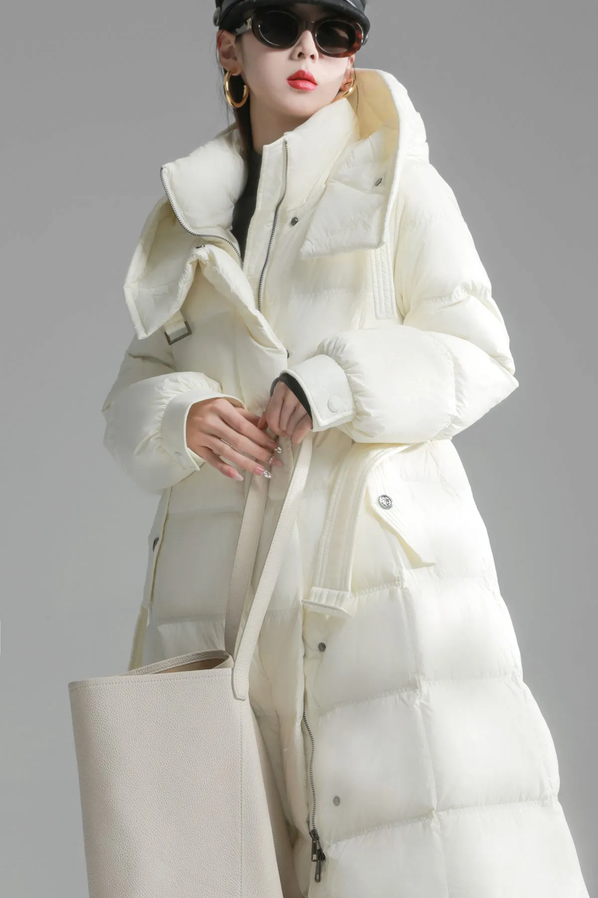 Big Hooded Collar Belted Long Down Puffer Coat