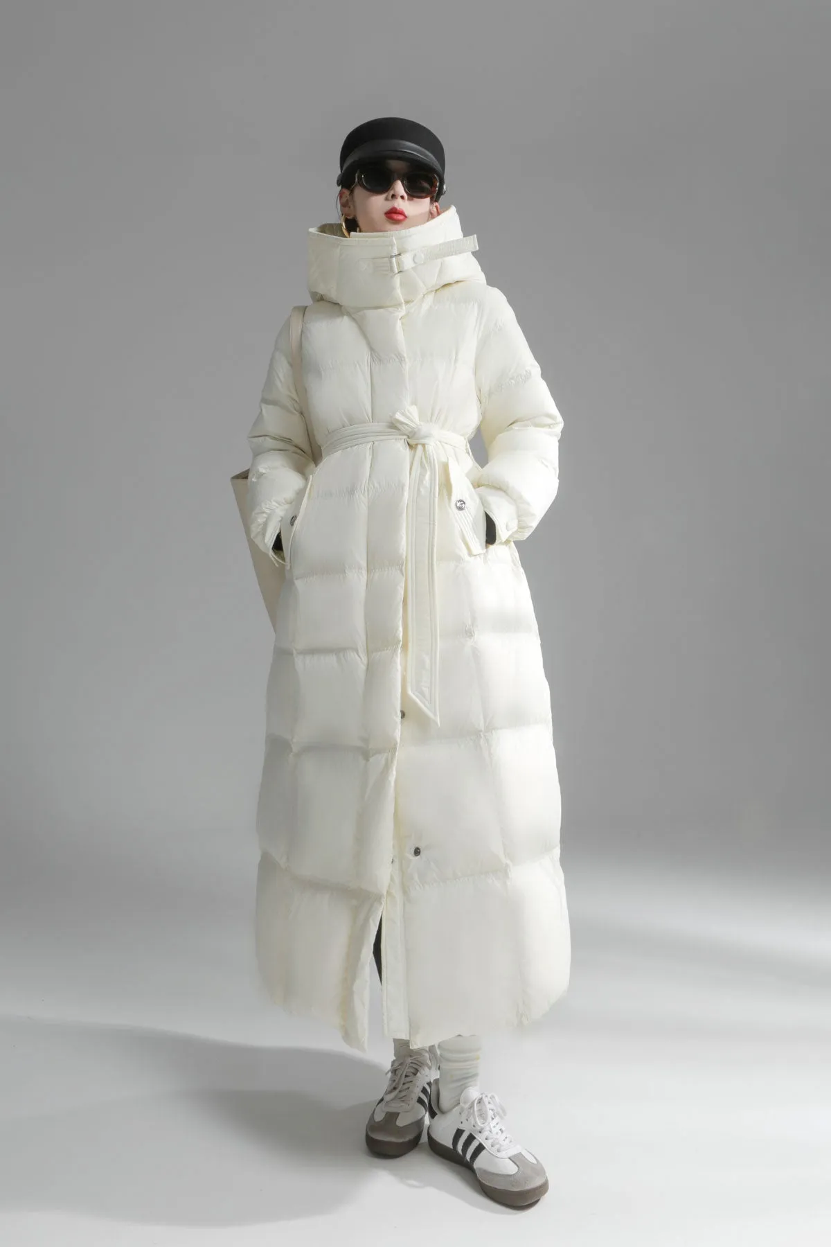 Big Hooded Collar Belted Long Down Puffer Coat
