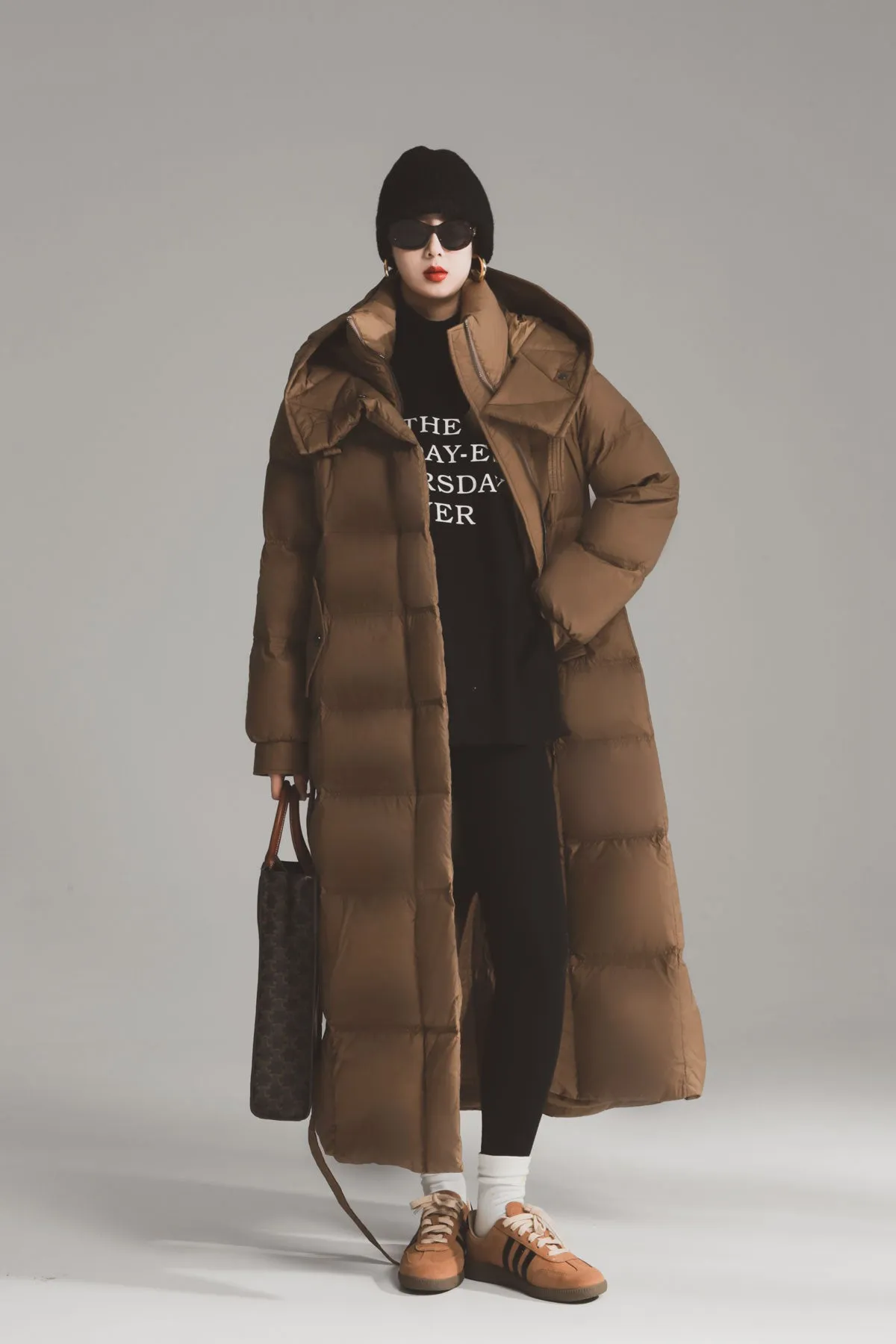 Big Hooded Collar Belted Long Down Puffer Coat