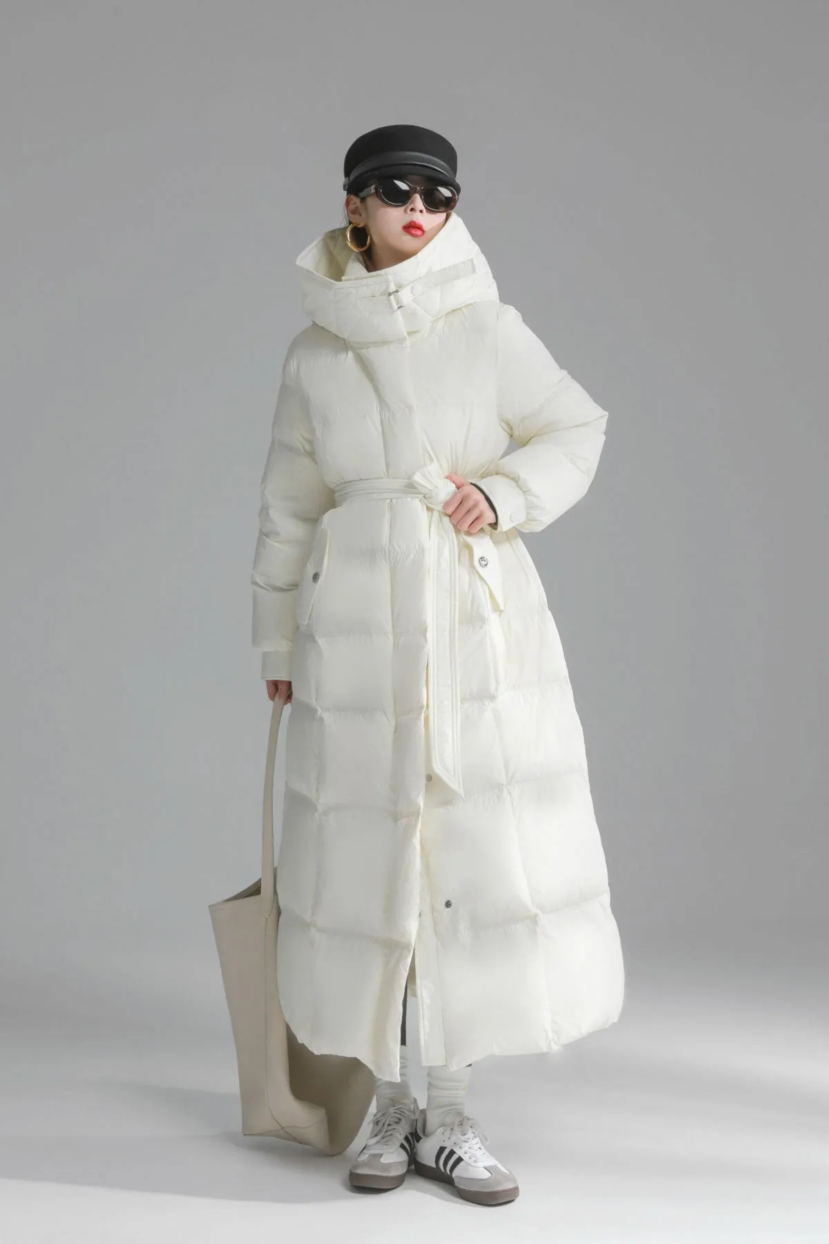 Big Hooded Collar Belted Long Down Puffer Coat