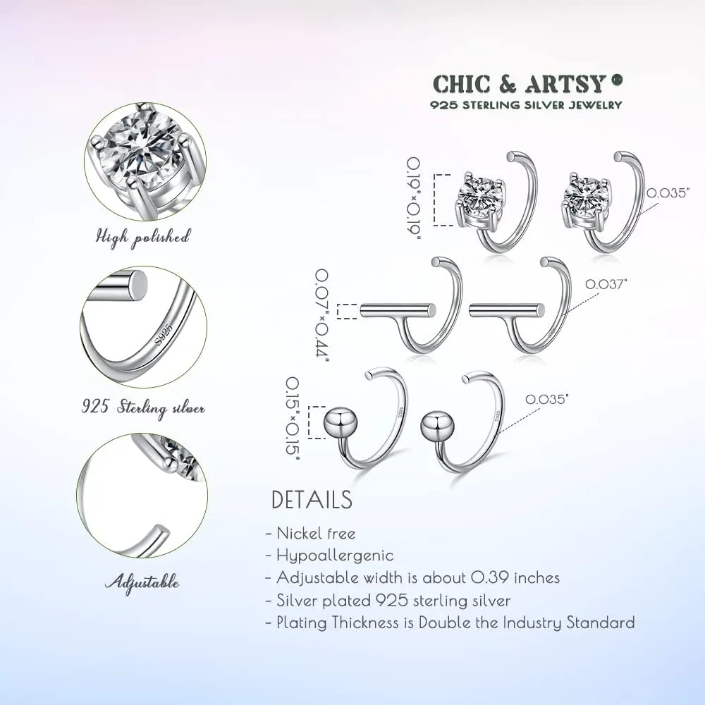 CHIC & ARTSY Half Hoops Earrings 925 Sterling Silver Small Huggie Hoop Earrings Ball, Bar, Star, Moon, Heart, Cross, Dot, Triangle Half Hoops Cartilage Piercing Earrings Tiny Hoop Stud Earrings