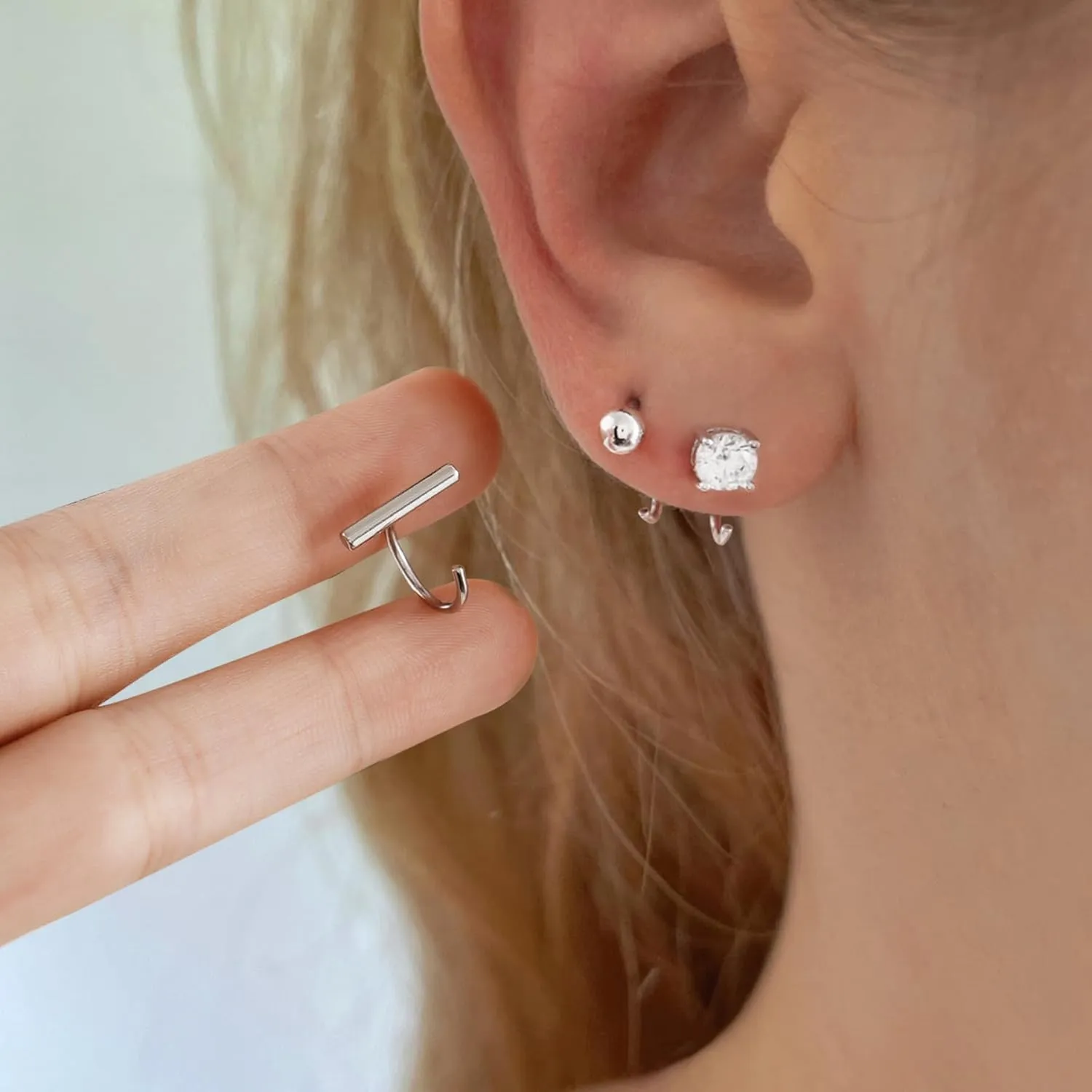 CHIC & ARTSY Half Hoops Earrings 925 Sterling Silver Small Huggie Hoop Earrings Ball, Bar, Star, Moon, Heart, Cross, Dot, Triangle Half Hoops Cartilage Piercing Earrings Tiny Hoop Stud Earrings