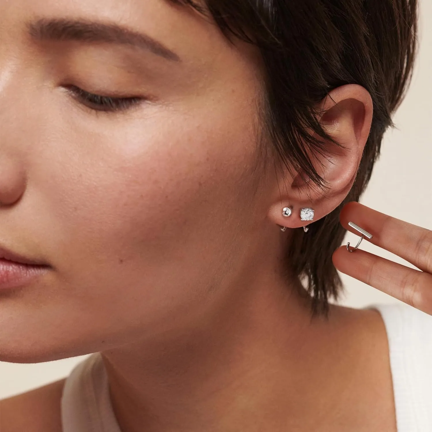 CHIC & ARTSY Half Hoops Earrings 925 Sterling Silver Small Huggie Hoop Earrings Ball, Bar, Star, Moon, Heart, Cross, Dot, Triangle Half Hoops Cartilage Piercing Earrings Tiny Hoop Stud Earrings