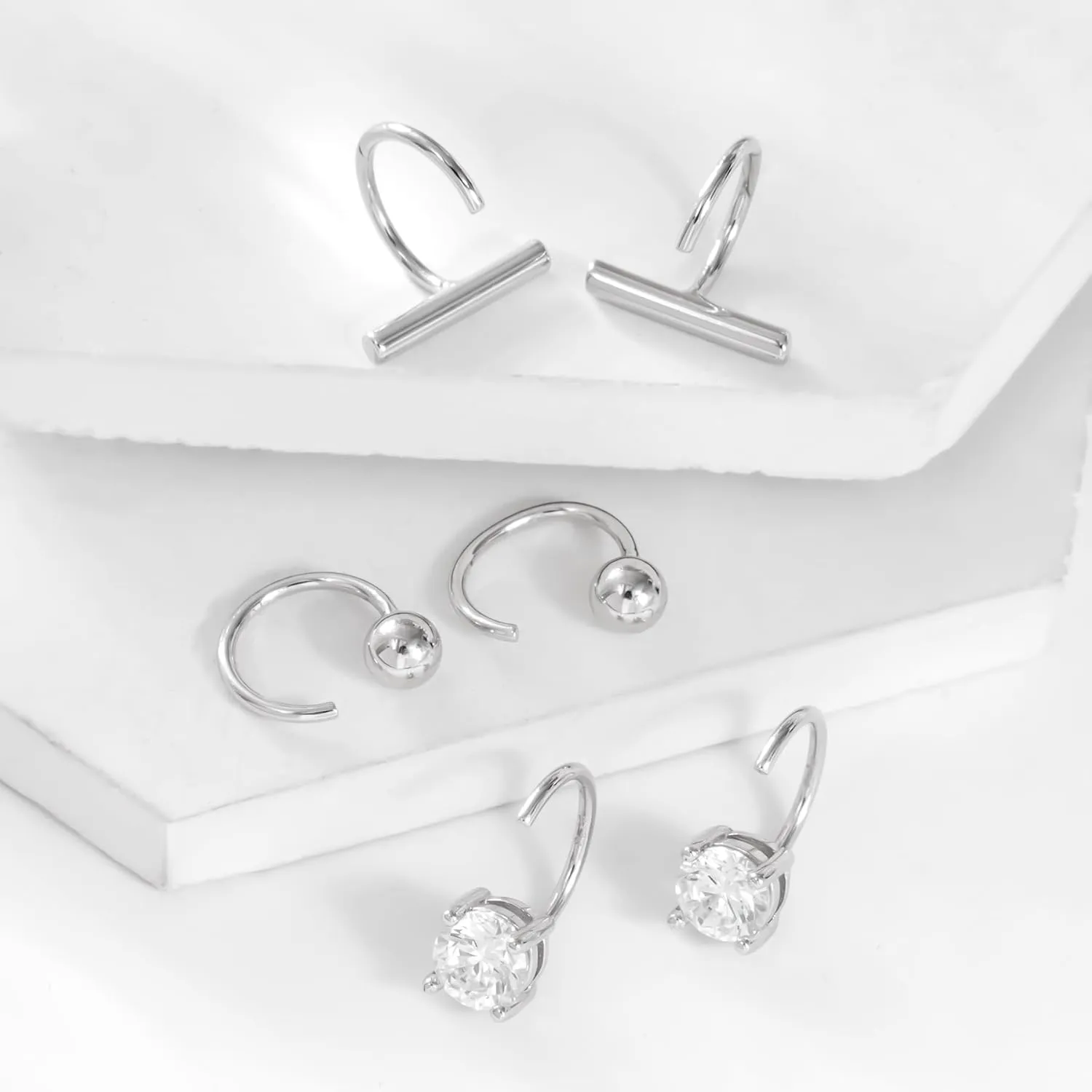 CHIC & ARTSY Half Hoops Earrings 925 Sterling Silver Small Huggie Hoop Earrings Ball, Bar, Star, Moon, Heart, Cross, Dot, Triangle Half Hoops Cartilage Piercing Earrings Tiny Hoop Stud Earrings