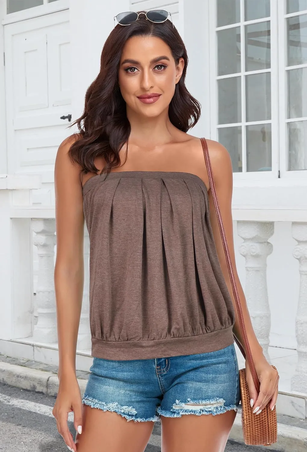 CHICGAL Women's Tube Tops Summer Casual Bandeau Tank Casual Strapless Blouse Off The Shoulder Tunic Shirts