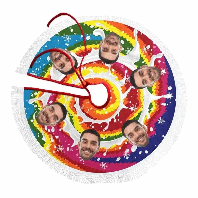 Custom Face Color Swirl Tie-dye Christmas Tree Skirt With Tassel