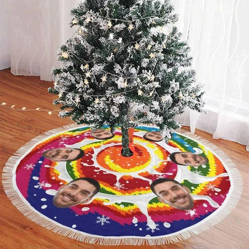Custom Face Color Swirl Tie-dye Christmas Tree Skirt With Tassel