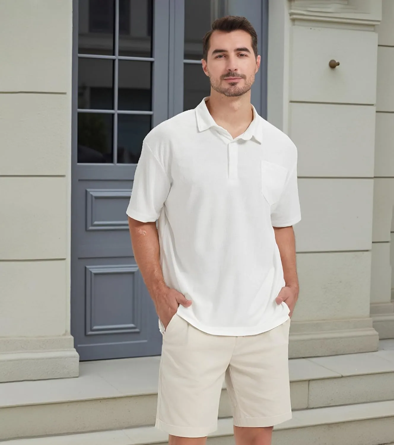 Knit Polo Shirts for Men Button Down Short Sleeve Shirt Men's Waffle Knitted T-Shirt Summer Golf Tee Shirt with Pocket