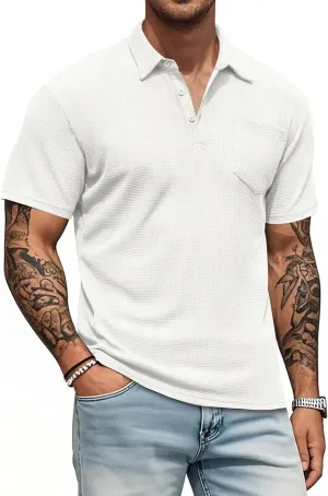 Knit Polo Shirts for Men Button Down Short Sleeve Shirt Men's Waffle Knitted T-Shirt Summer Golf Tee Shirt with Pocket