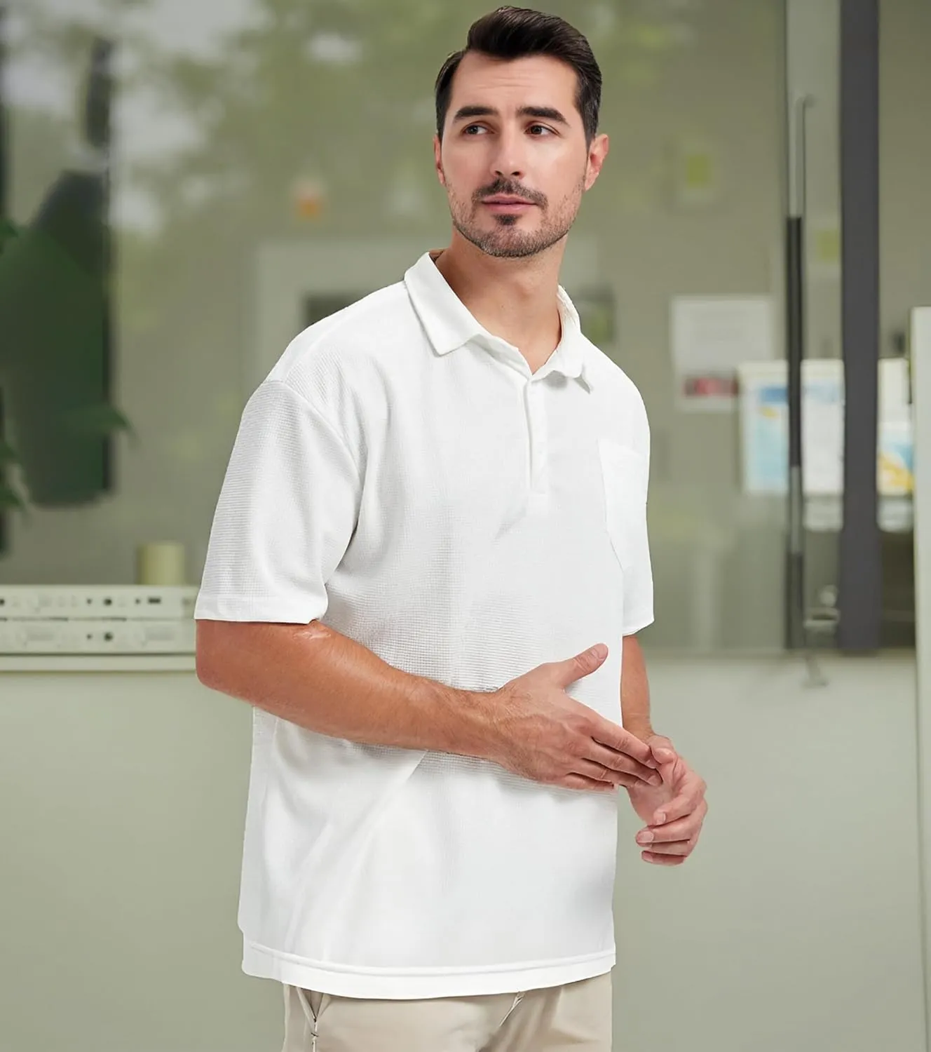 Knit Polo Shirts for Men Button Down Short Sleeve Shirt Men's Waffle Knitted T-Shirt Summer Golf Tee Shirt with Pocket