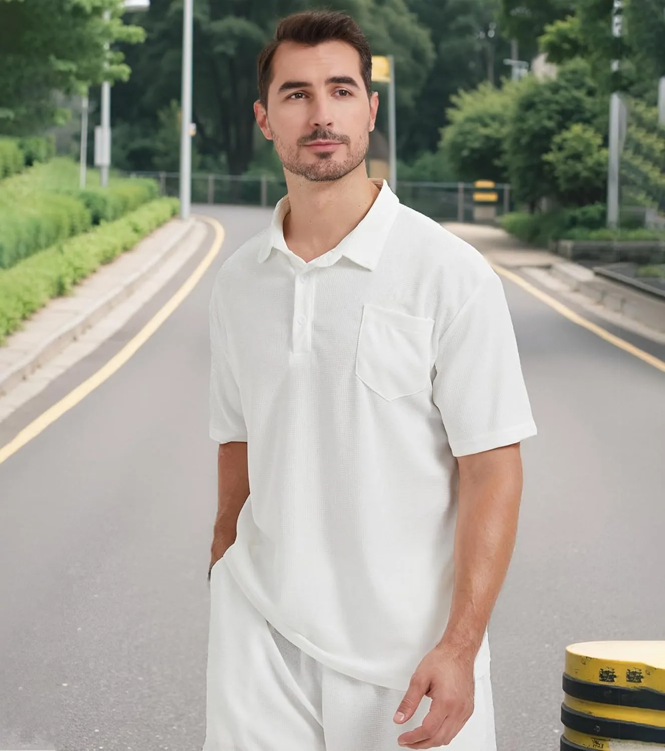 Knit Polo Shirts for Men Button Down Short Sleeve Shirt Men's Waffle Knitted T-Shirt Summer Golf Tee Shirt with Pocket