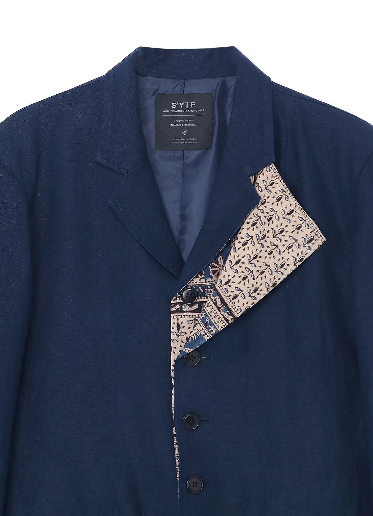 LINEN/RAYON EASY CLOTH INDIAN BLOCK SQUARE PRINT JACKET WITH DOUBLE-TAILORED LEFT FRONT