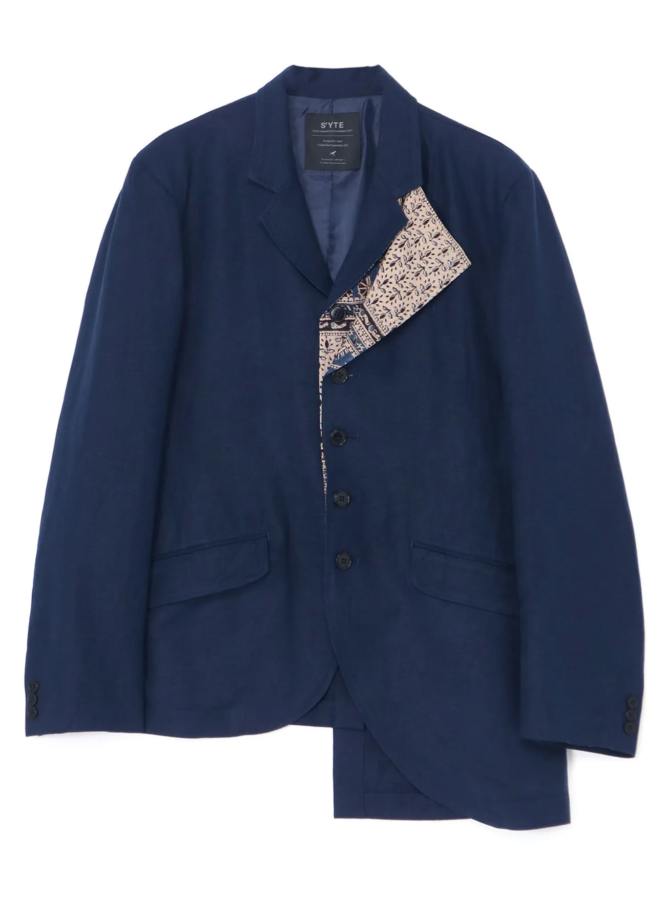 LINEN/RAYON EASY CLOTH INDIAN BLOCK SQUARE PRINT JACKET WITH DOUBLE-TAILORED LEFT FRONT