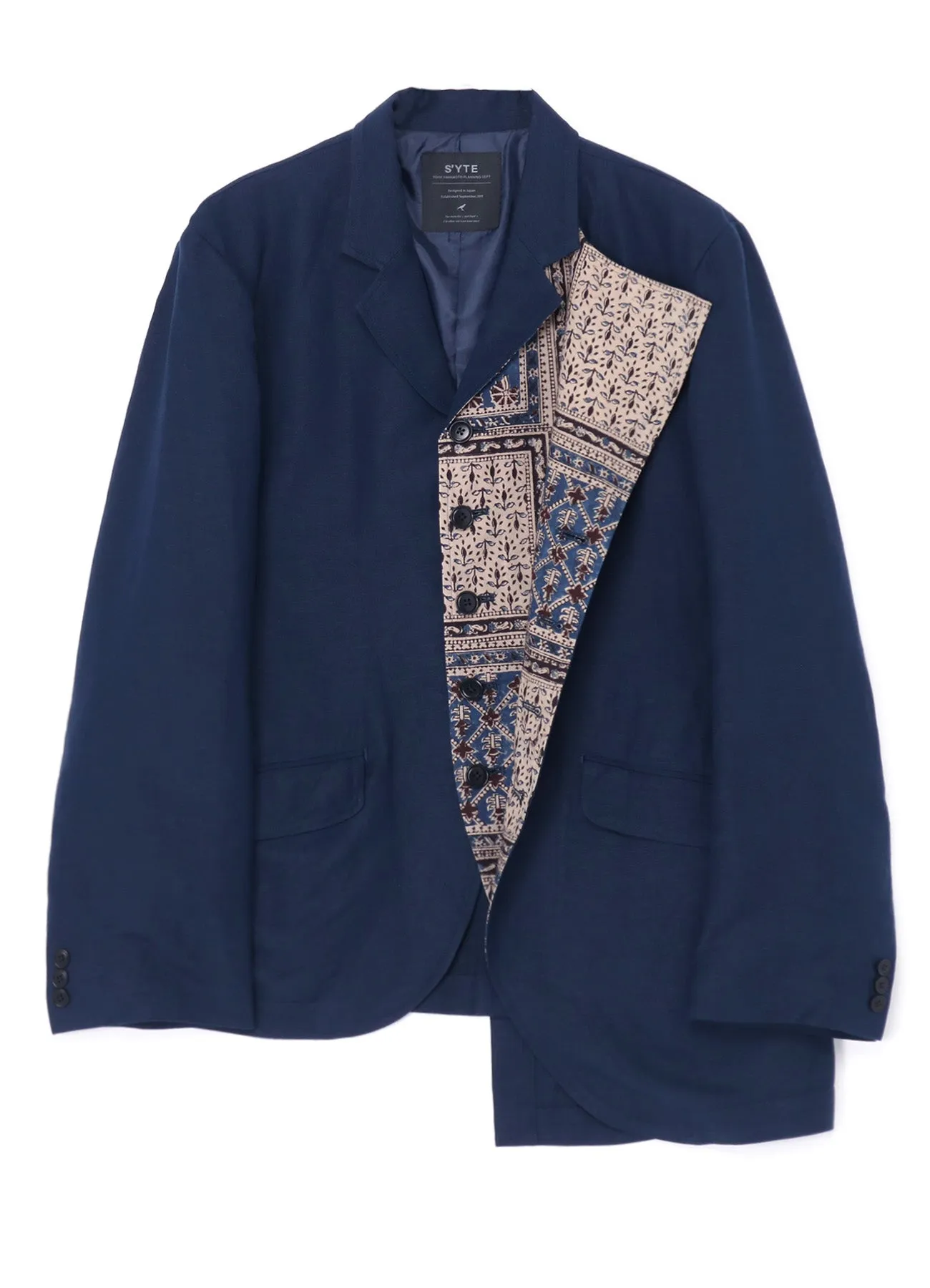 LINEN/RAYON EASY CLOTH INDIAN BLOCK SQUARE PRINT JACKET WITH DOUBLE-TAILORED LEFT FRONT