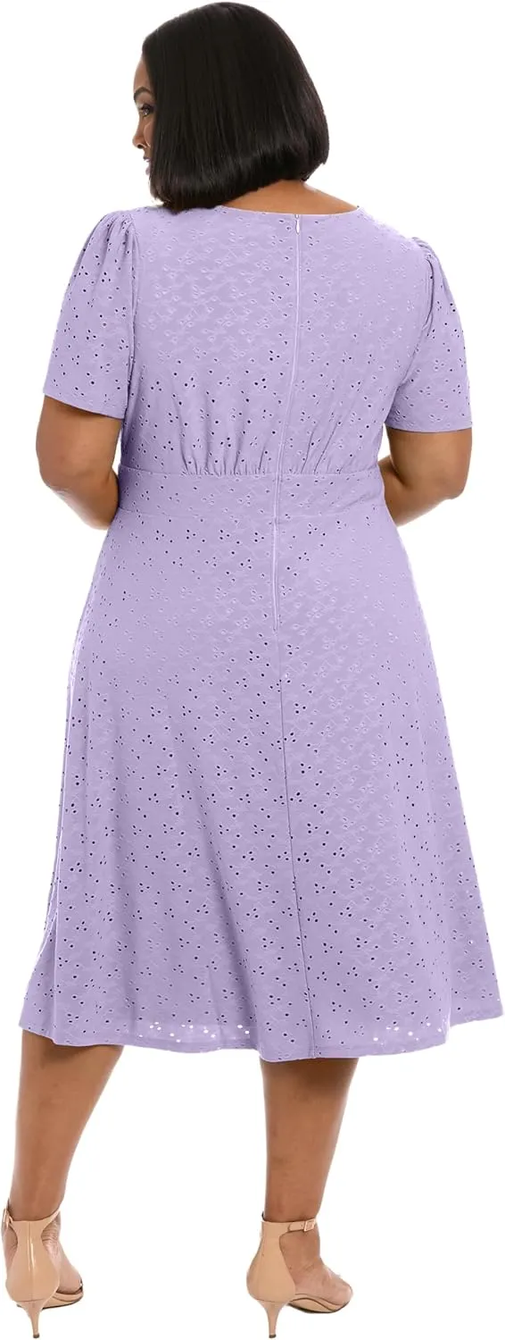 London Times Women's Eyelet Midi A-line Puff Sleeves-Gathered Waist Empire Cut-Wedding Guest Dress