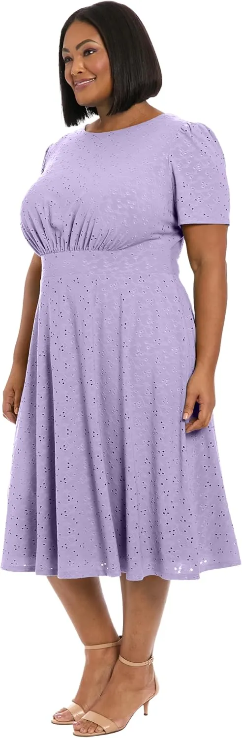 London Times Women's Eyelet Midi A-line Puff Sleeves-Gathered Waist Empire Cut-Wedding Guest Dress