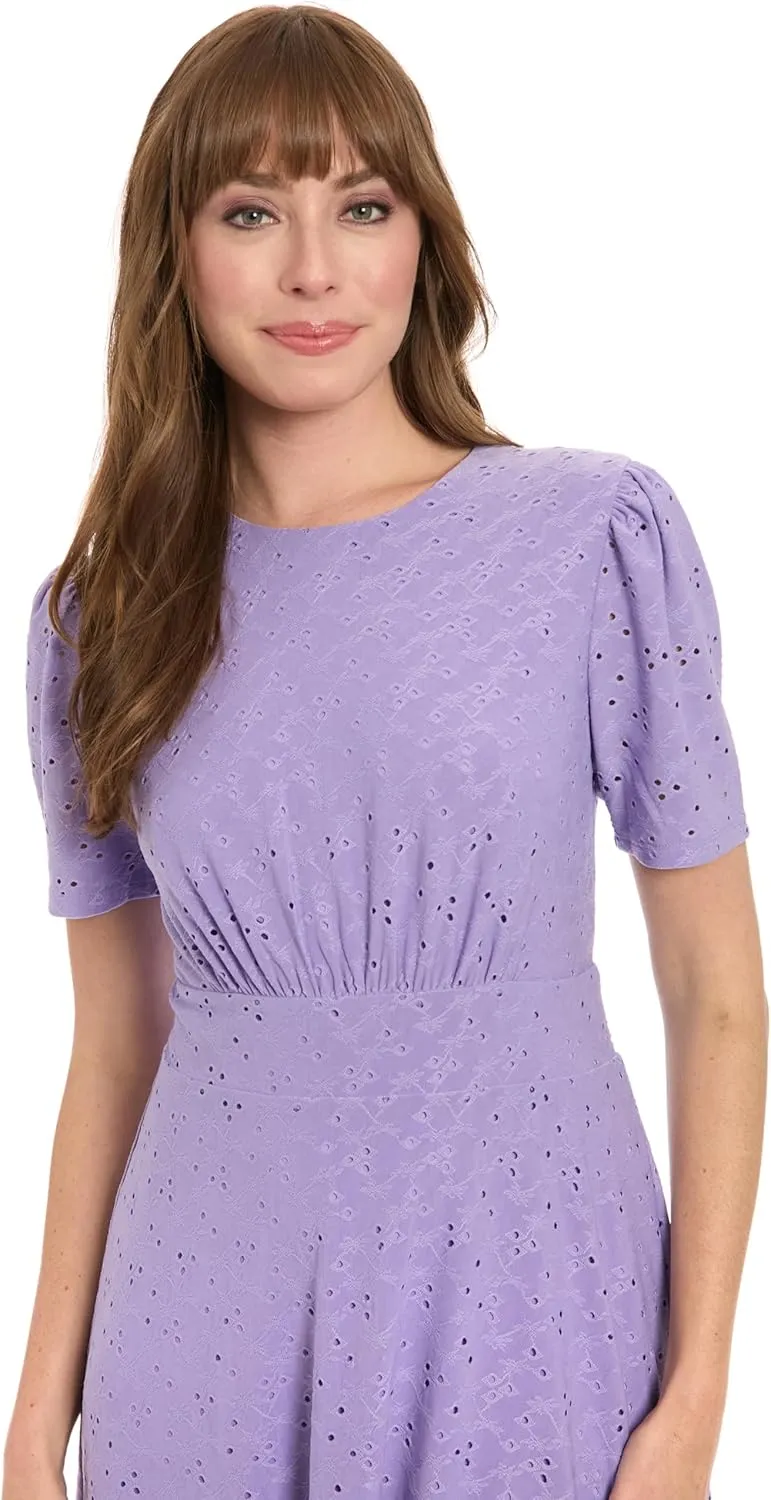 London Times Women's Eyelet Midi A-line Puff Sleeves-Gathered Waist Empire Cut-Wedding Guest Dress