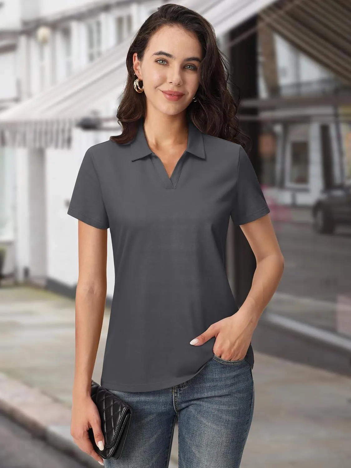 MAGCOMSEN Women's Polo Shirts Cotton Short Sleeve V-Neck Collared Tops Golf Shirt Work Casual Summer Tee