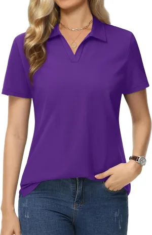 MAGCOMSEN Women's Polo Shirts Cotton Short Sleeve V-Neck Collared Tops Golf Shirt Work Casual Summer Tee