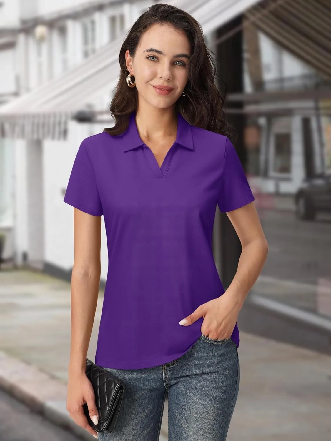 MAGCOMSEN Women's Polo Shirts Cotton Short Sleeve V-Neck Collared Tops Golf Shirt Work Casual Summer Tee