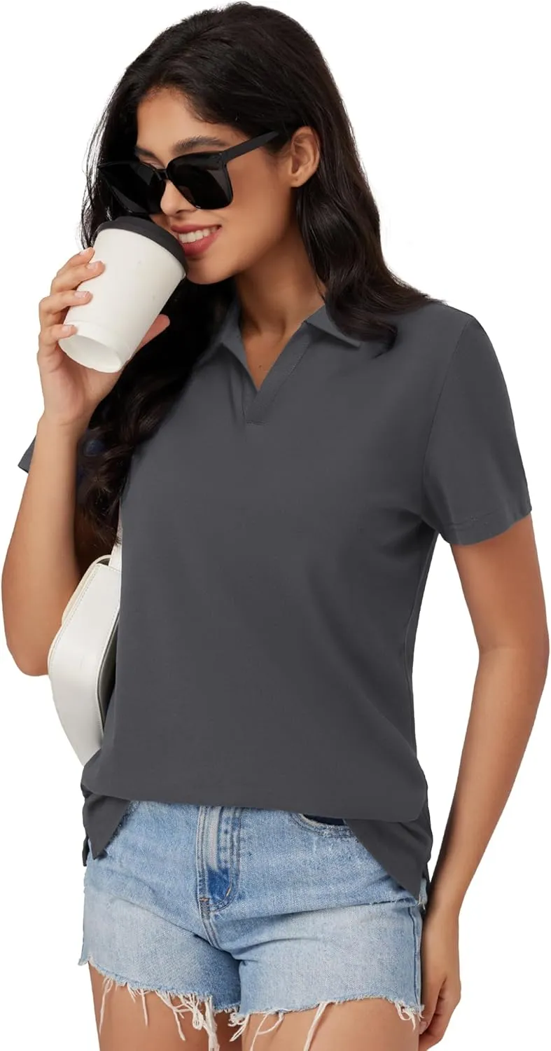 MAGCOMSEN Women's Polo Shirts Cotton Short Sleeve V-Neck Collared Tops Golf Shirt Work Casual Summer Tee