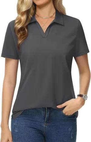 MAGCOMSEN Women's Polo Shirts Cotton Short Sleeve V-Neck Collared Tops Golf Shirt Work Casual Summer Tee