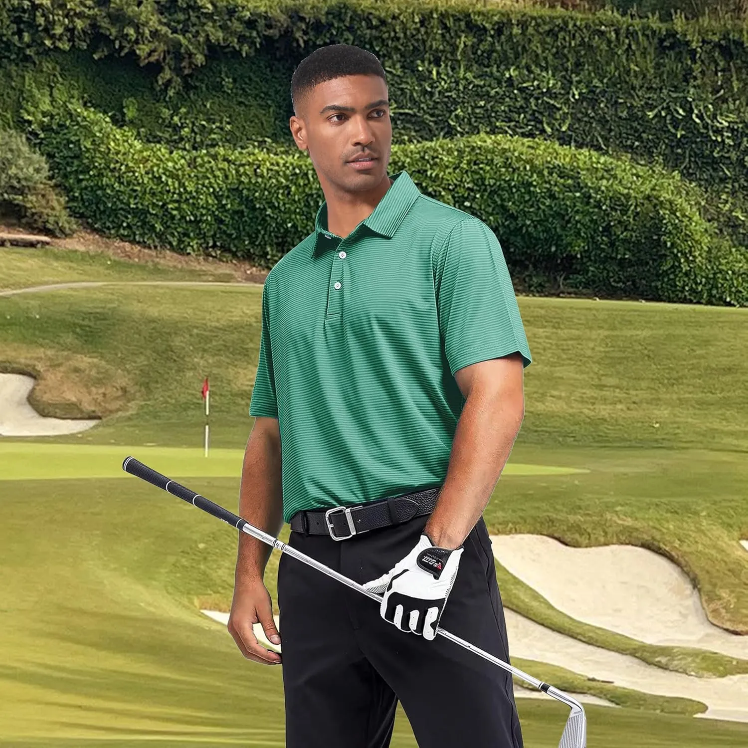 Mens Golf Polo Shirt Moisture Wicking Dry Fit Performance Athletic Short Sleeve Striped Golf Shirts for Men