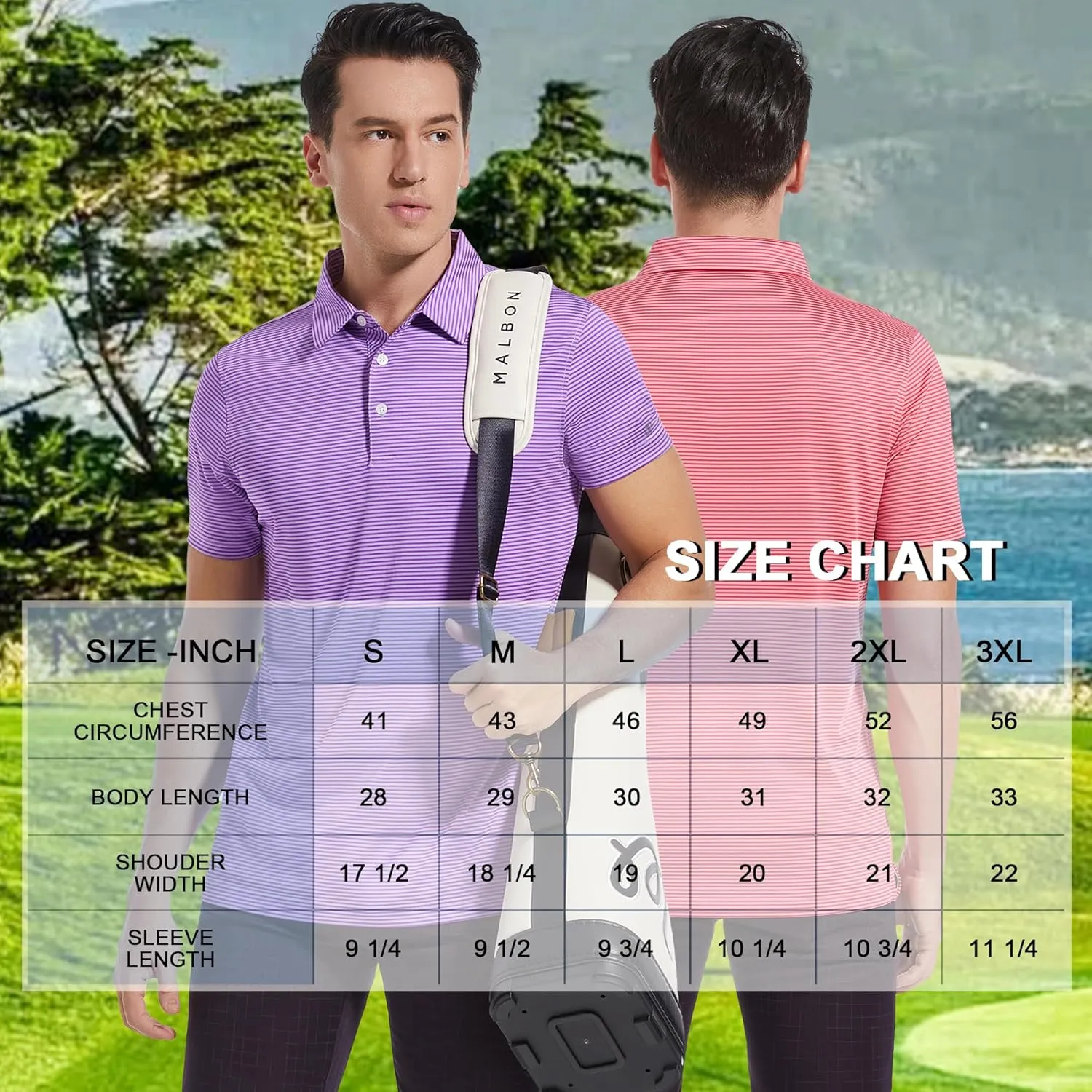 Mens Golf Polo Shirt Moisture Wicking Dry Fit Performance Athletic Short Sleeve Striped Golf Shirts for Men