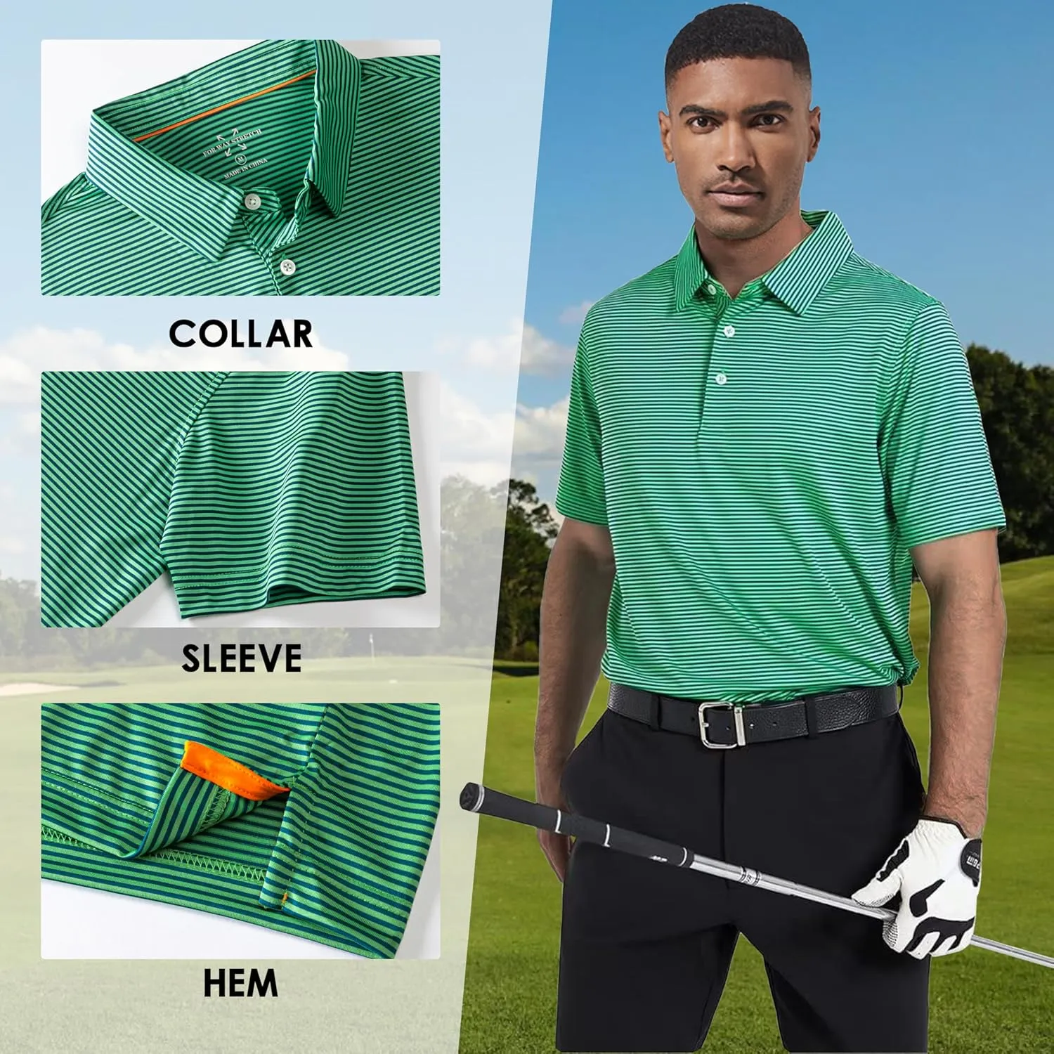 Mens Golf Polo Shirt Moisture Wicking Dry Fit Performance Athletic Short Sleeve Striped Golf Shirts for Men