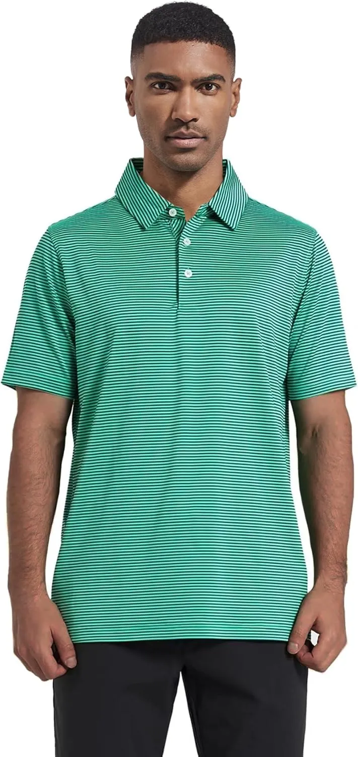 Mens Golf Polo Shirt Moisture Wicking Dry Fit Performance Athletic Short Sleeve Striped Golf Shirts for Men