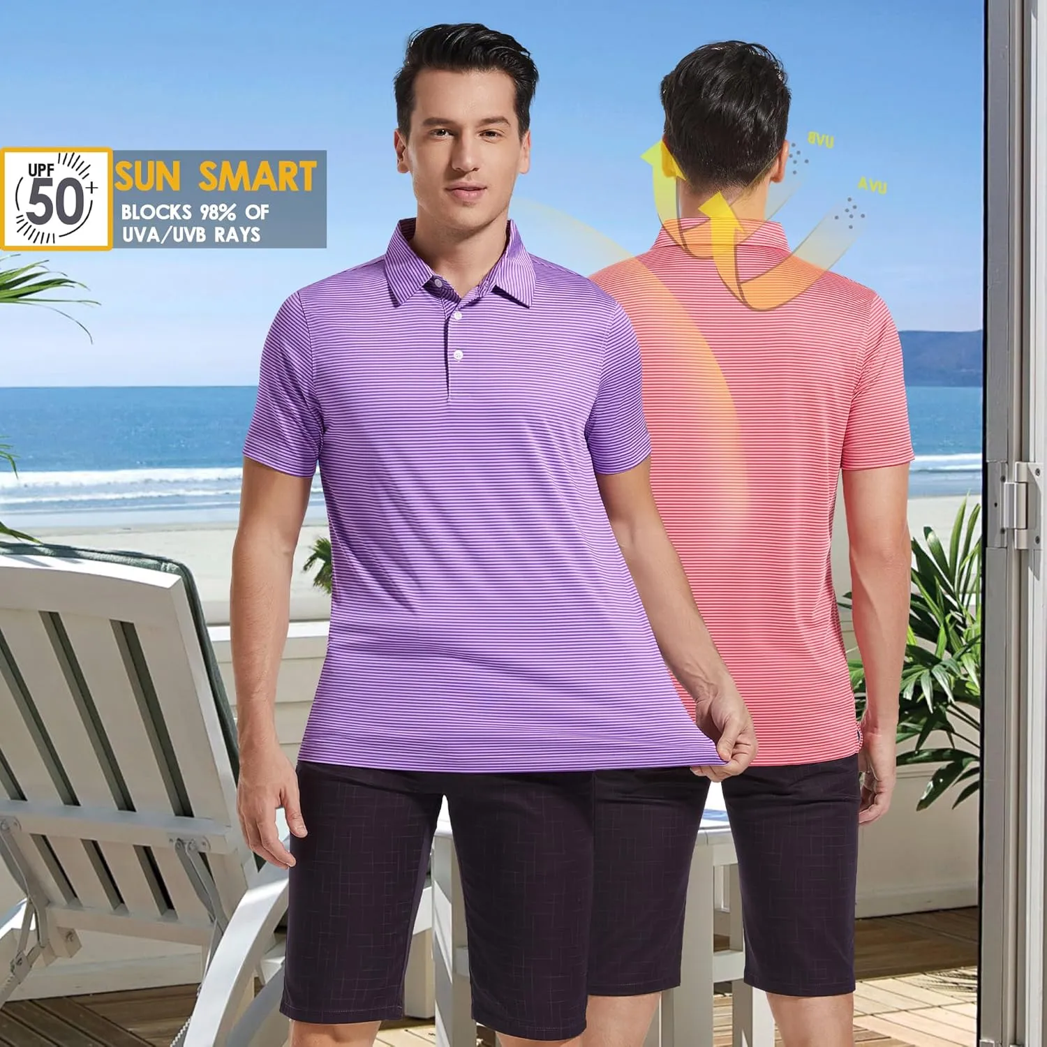 Mens Golf Polo Shirt Moisture Wicking Dry Fit Performance Athletic Short Sleeve Striped Golf Shirts for Men