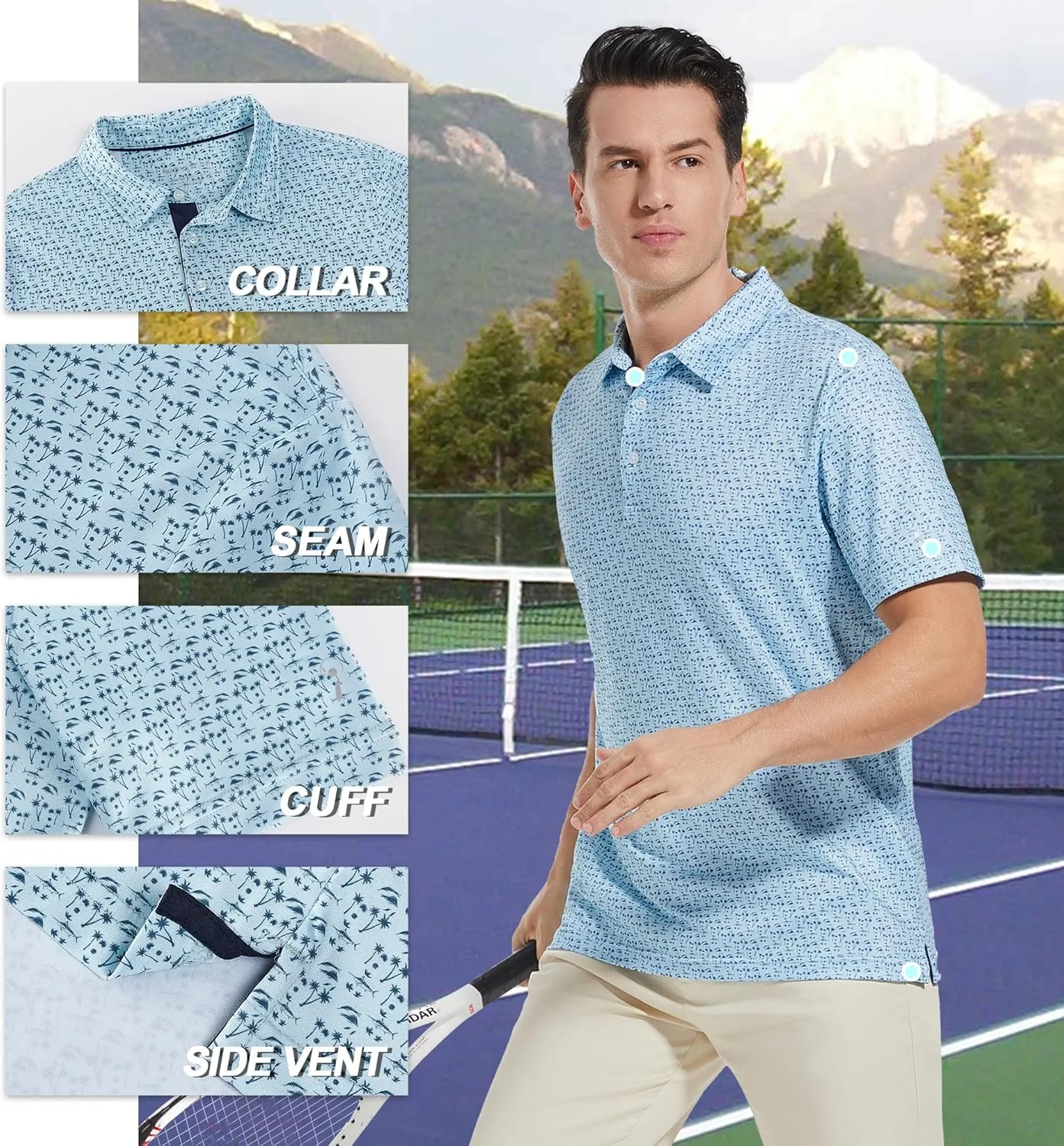 Mens Golf Shirt Moisture Wicking Dry Fit Print Performance Short Sleeve Polo Shirts for Men