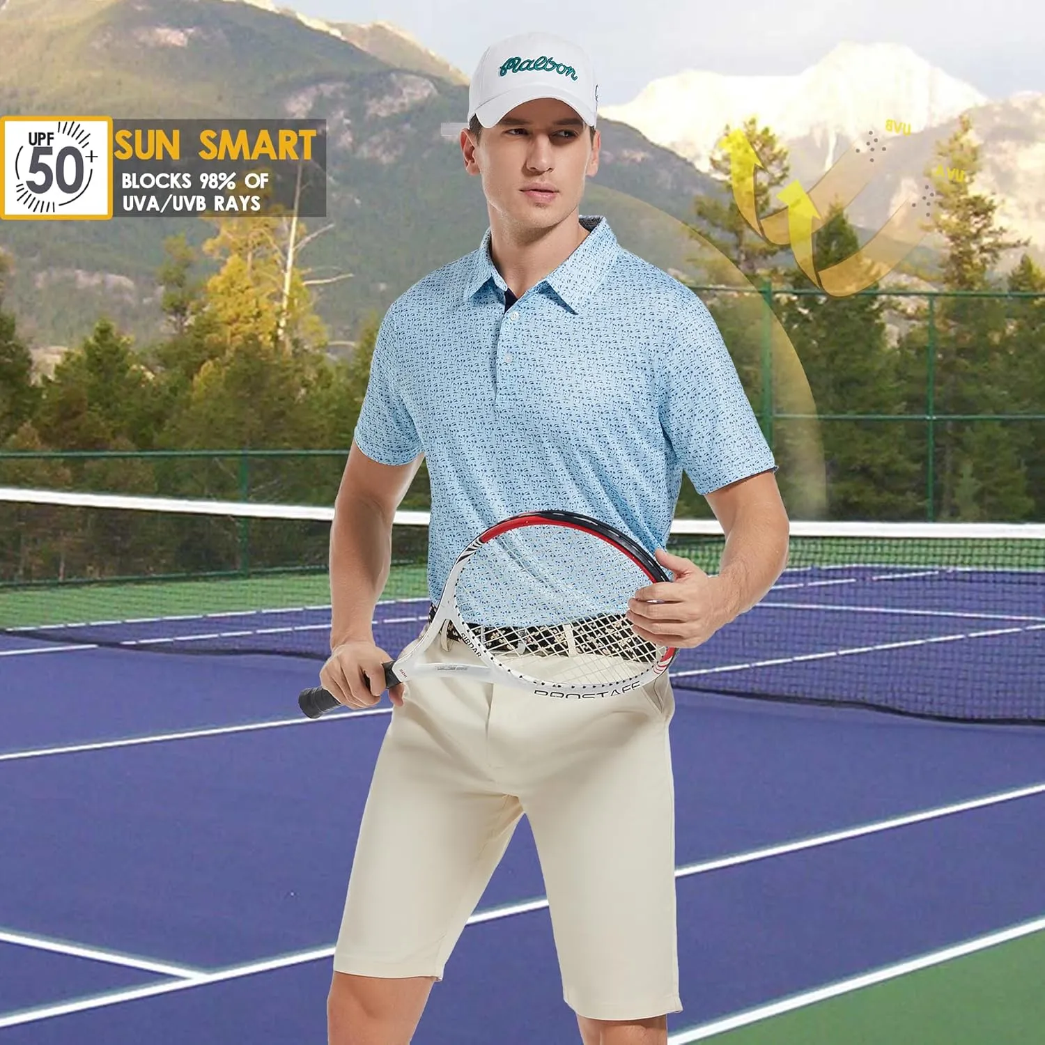 Mens Golf Shirt Moisture Wicking Dry Fit Print Performance Short Sleeve Polo Shirts for Men