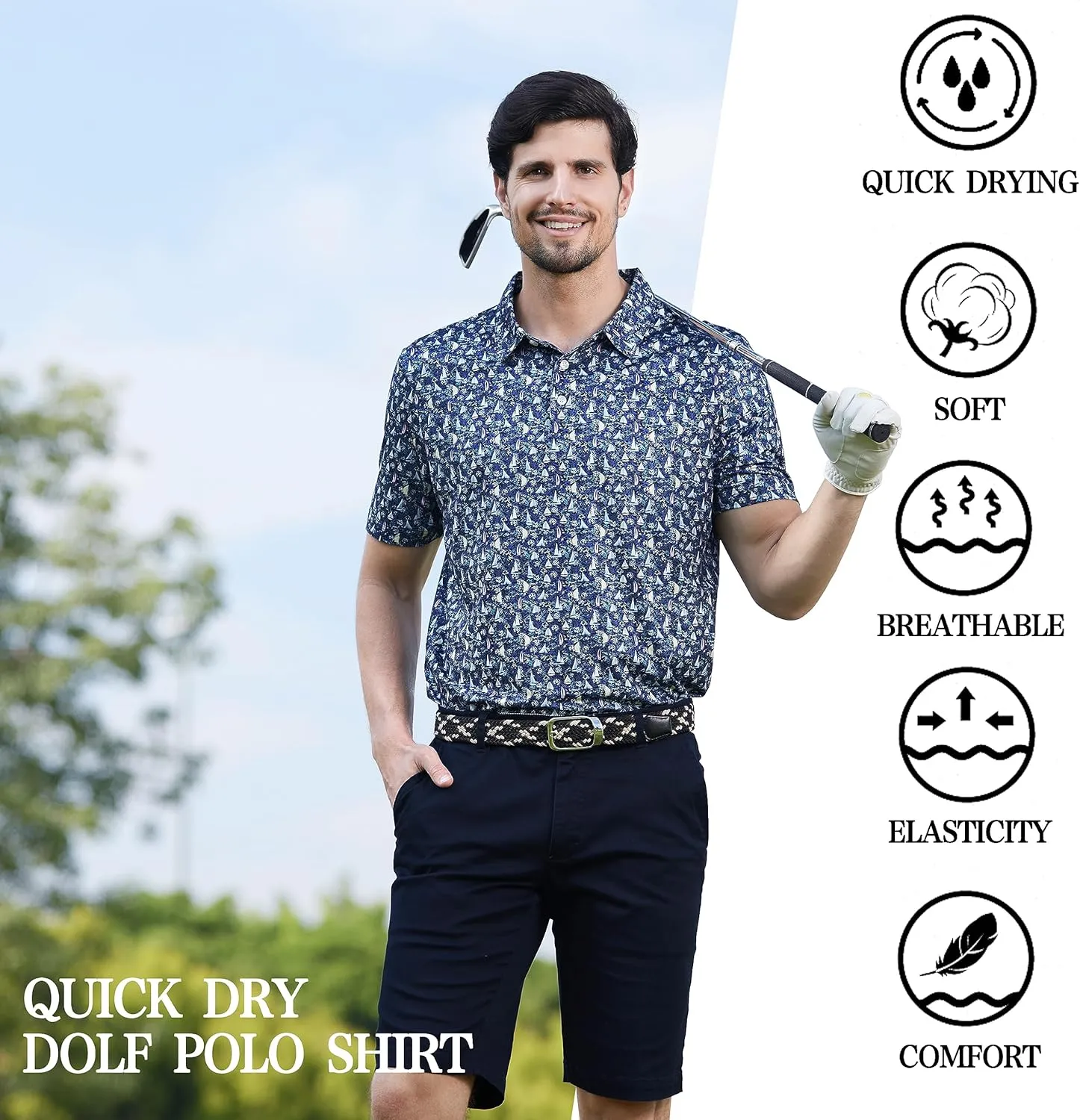 Mens Golf Shirt Moisture Wicking Dry Fit Print Performance Short Sleeve Polo Shirts for Men