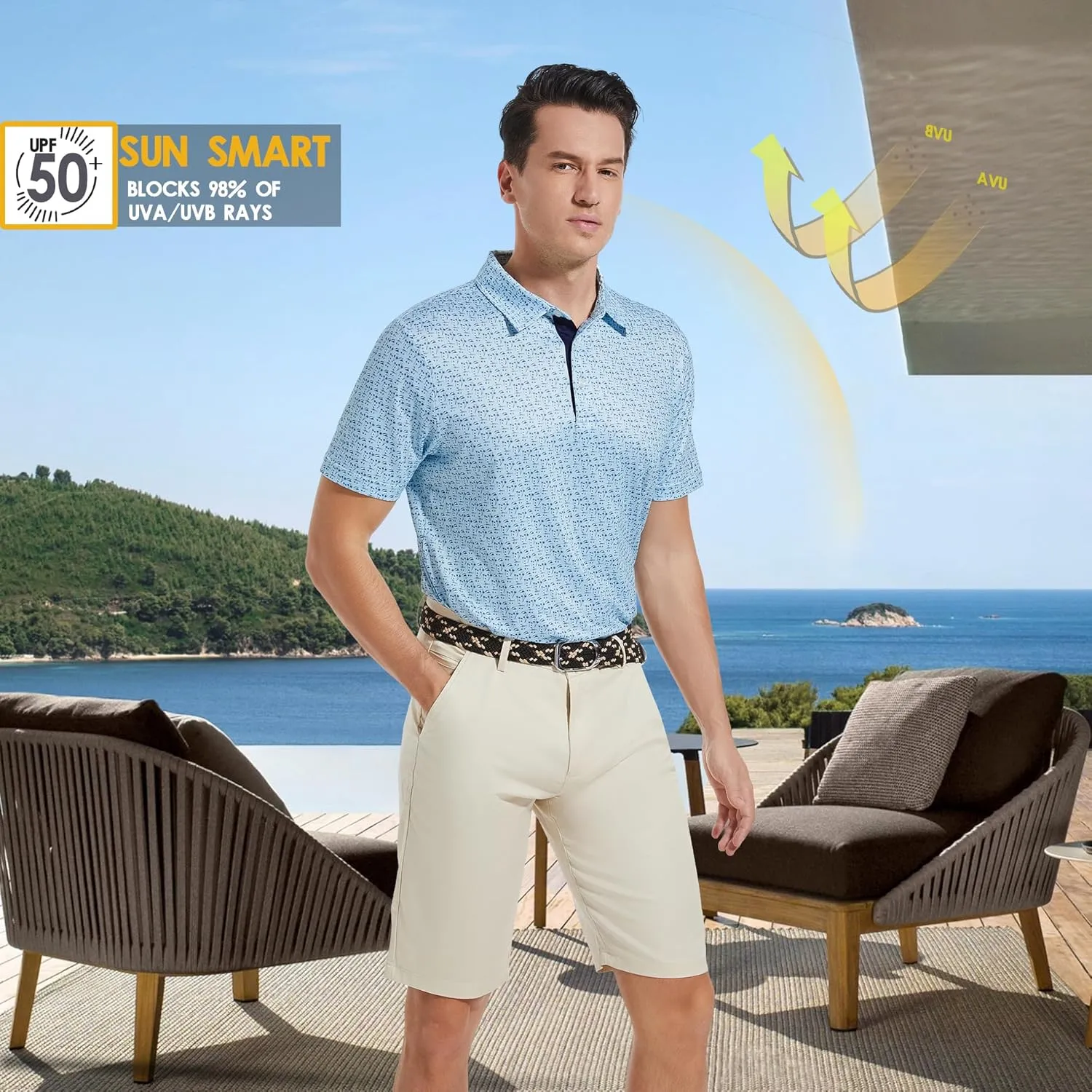 Mens Golf Shirt Moisture Wicking Dry Fit Print Performance Short Sleeve Polo Shirts for Men