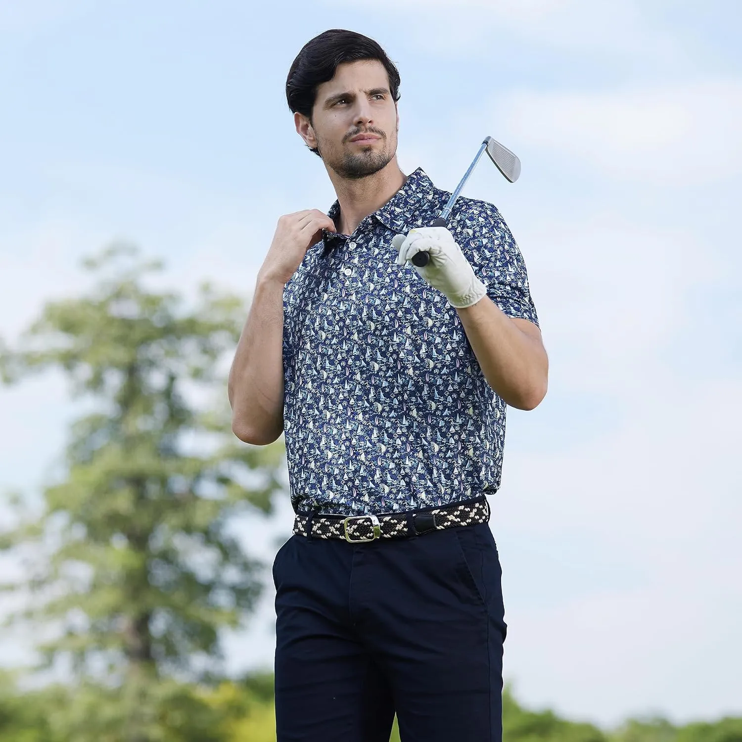 Mens Golf Shirt Moisture Wicking Dry Fit Print Performance Short Sleeve Polo Shirts for Men