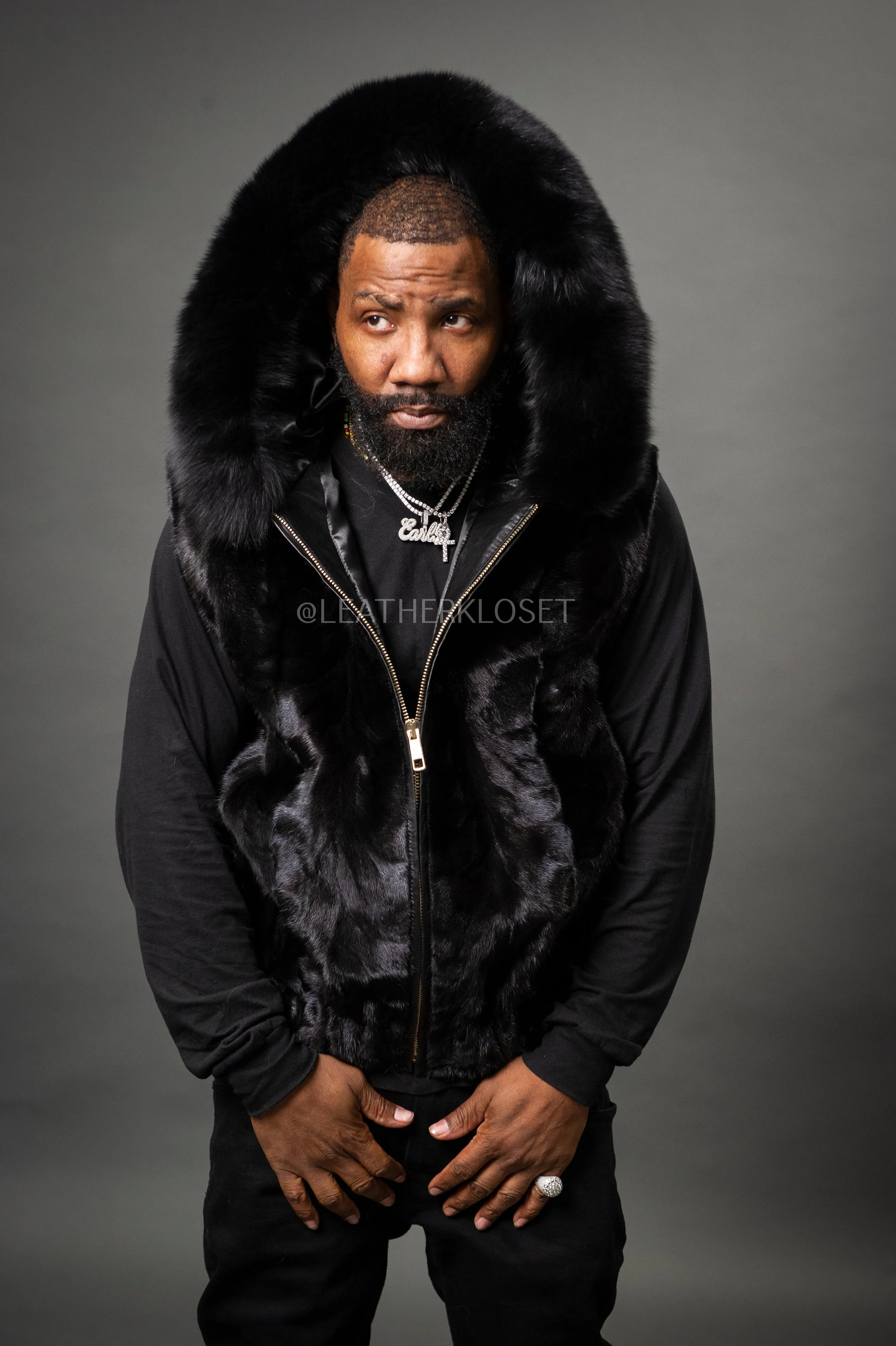 Men's Mink Bomber Vest With Fox Hood [Black]