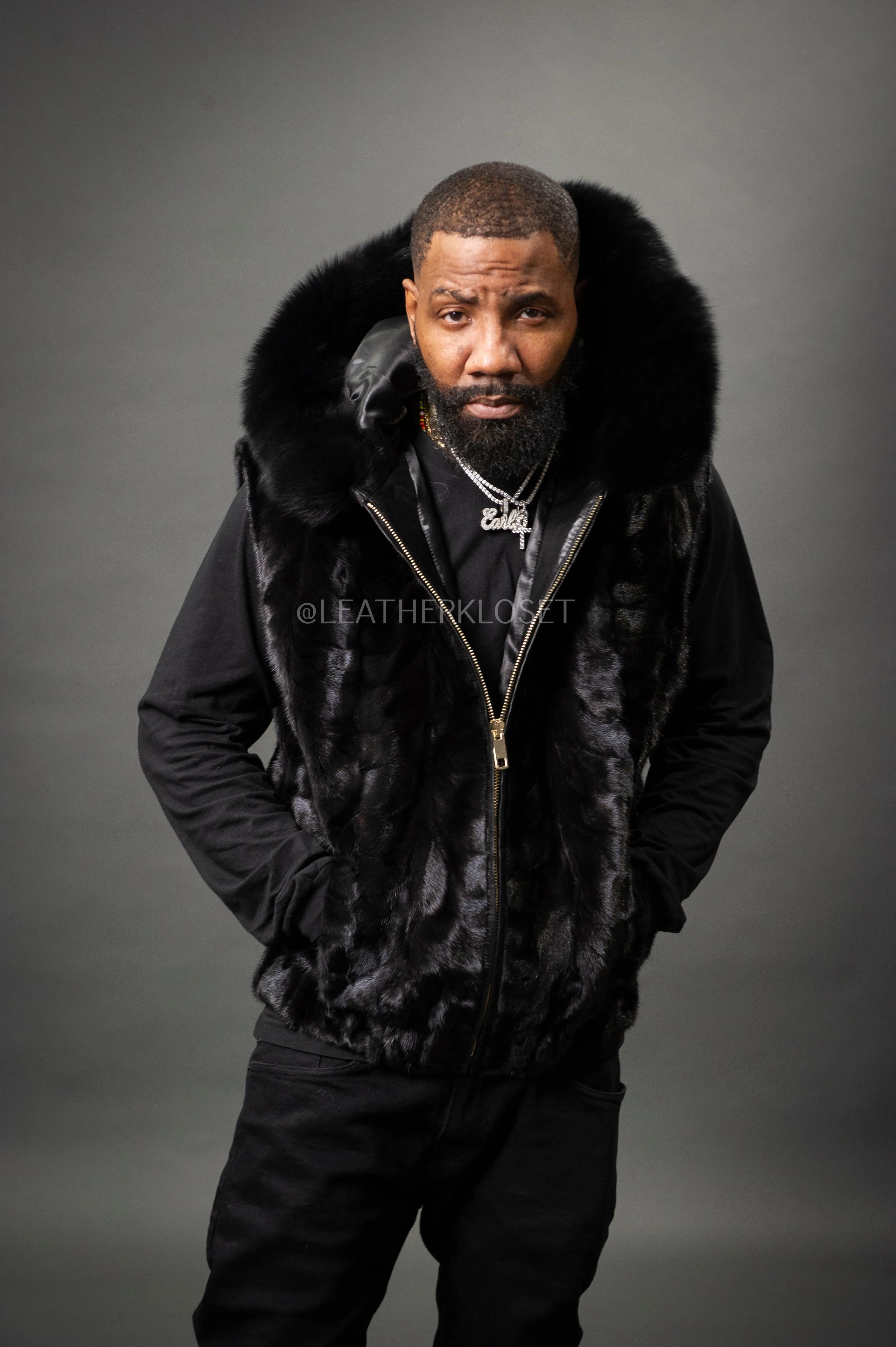 Men's Mink Bomber Vest With Fox Hood [Black]
