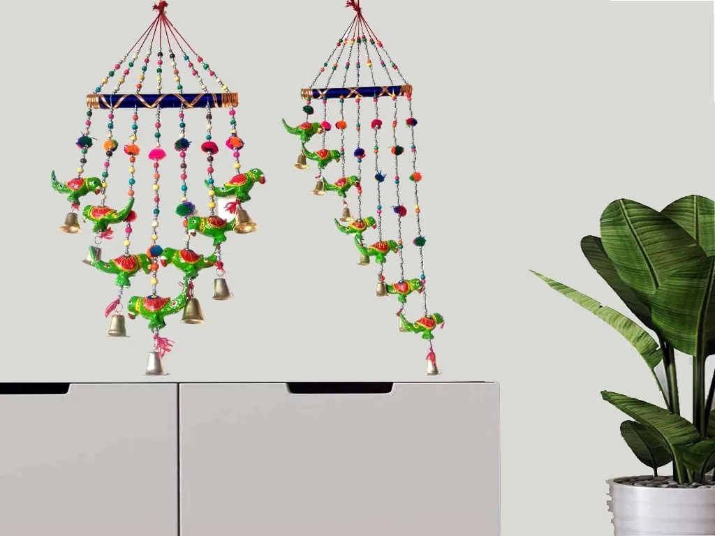 PALPAL Paper Mache Green Parrot Wind Chimes Set of 2 For Home Décor Wall Hanging (parrot-gren-bharva-/&v-safe-set-2
