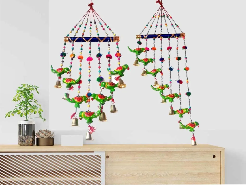 PALPAL Paper Mache Green Parrot Wind Chimes Set of 2 For Home Décor Wall Hanging (parrot-gren-bharva-/&v-safe-set-2