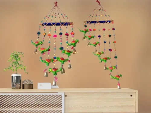 PALPAL Paper Mache Green Parrot Wind Chimes Set of 2 For Home Décor Wall Hanging (parrot-gren-bharva-/&v-safe-set-2