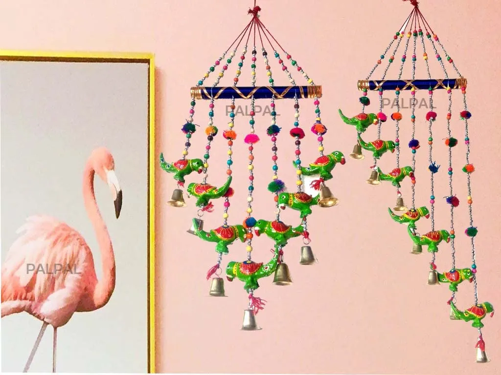 PALPAL Paper Mache Green Parrot Wind Chimes Set of 2 For Home Décor Wall Hanging (parrot-gren-bharva-/&v-safe-set-2