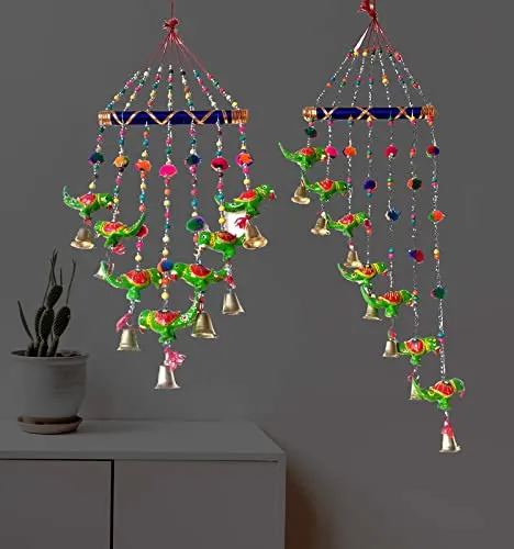 PALPAL Paper Mache Green Parrot Wind Chimes Set of 2 For Home Décor Wall Hanging (parrot-gren-bharva-/&v-safe-set-2