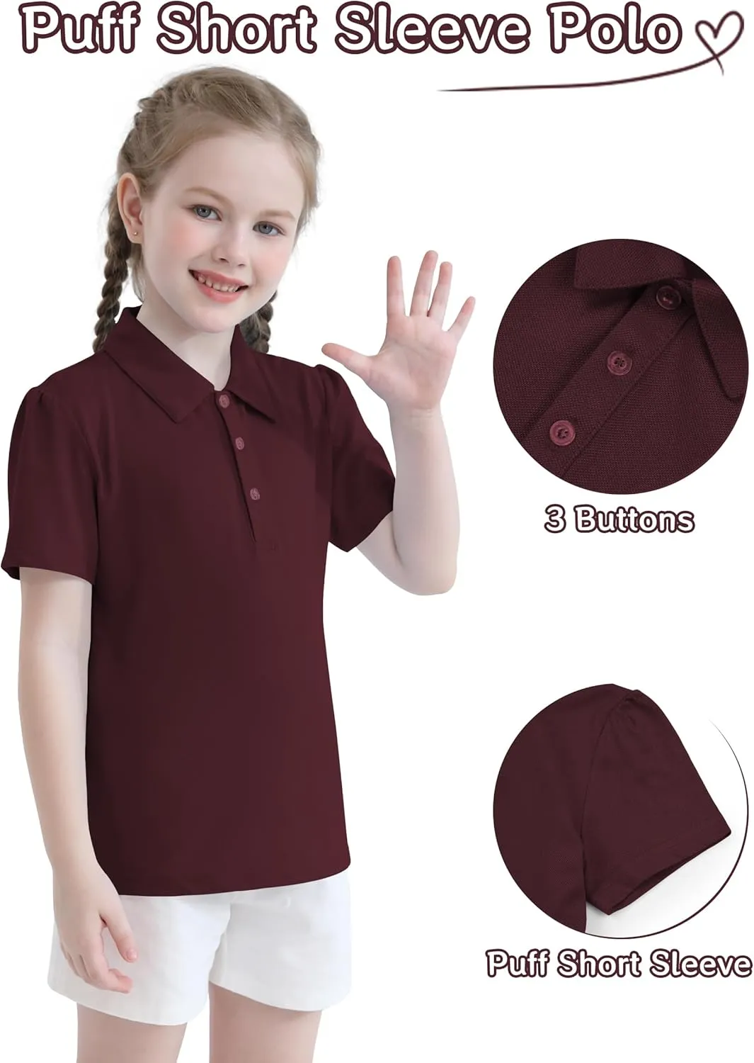 QBK 2T to Youth Girls' Puff Short Sleeve Polo Toddler School Uniform Pique Polo Kids Collared Golf Shirt