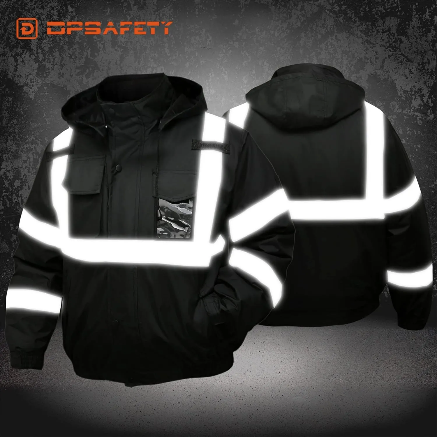 safety jacket for men, Reflective high Visibility Hooded jacket, Hi-Vis Bomber Jacket with Pockets and Zipper, waterproof, Black Bottom, ANSI/ISEA 107-2020 Type R Class 3