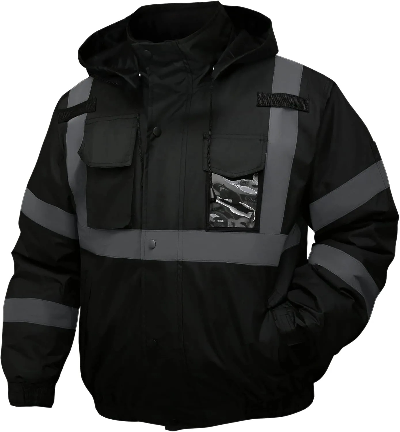 safety jacket for men, Reflective high Visibility Hooded jacket, Hi-Vis Bomber Jacket with Pockets and Zipper, waterproof, Black Bottom, ANSI/ISEA 107-2020 Type R Class 3